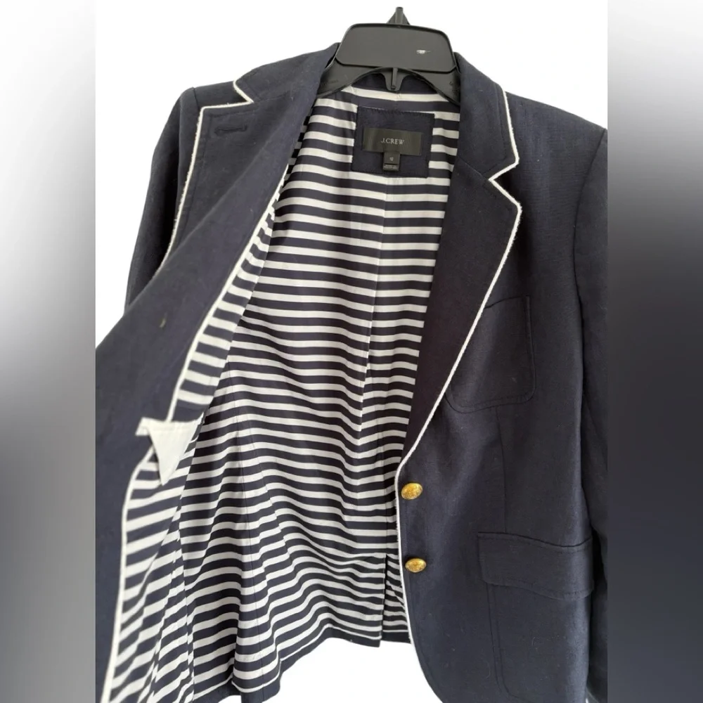 J. Crew Dark Blue linen Blazer with white piping and Gold button Accents - Picture 6 of 9